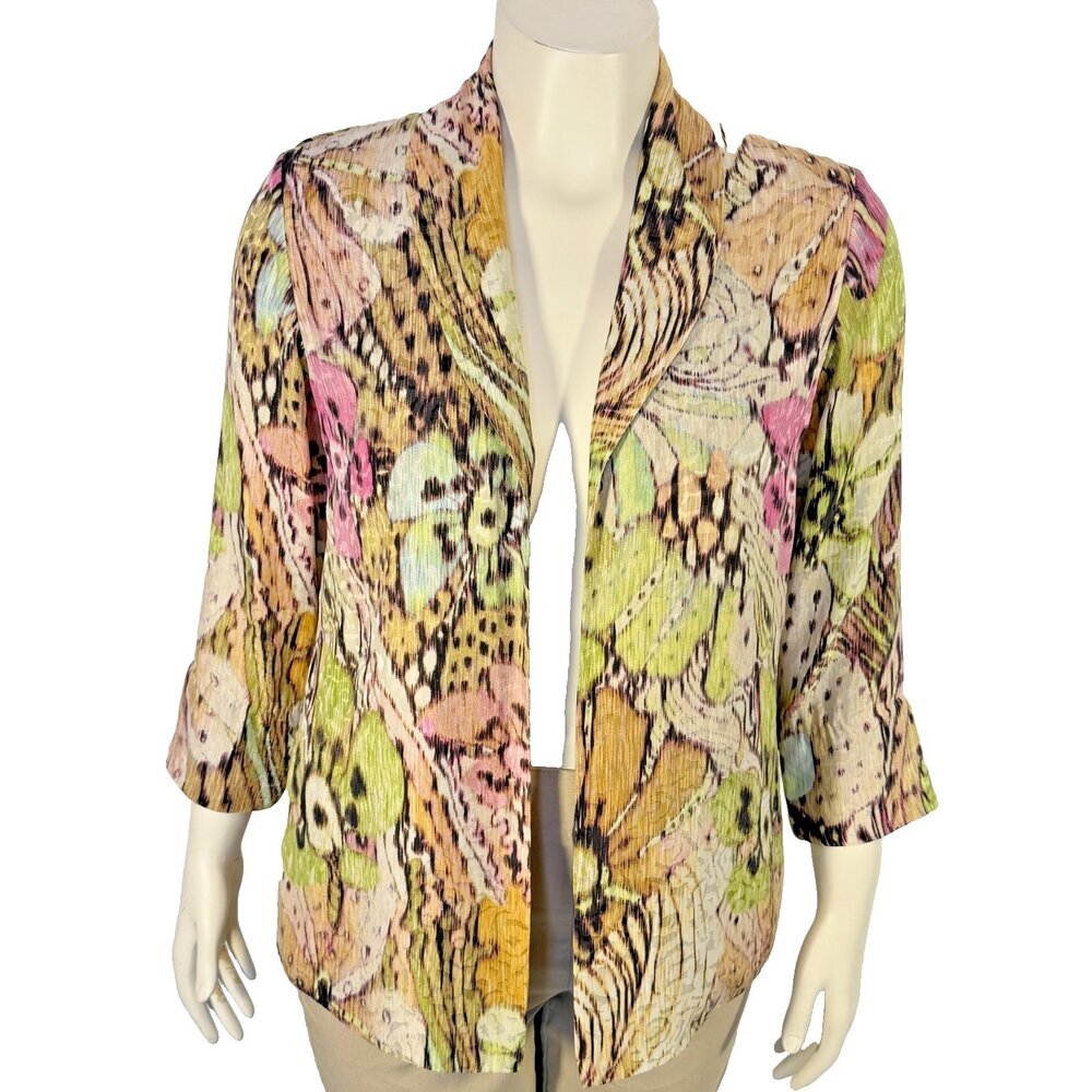 Chico's Silk Open Blazer Women's M (1) Pink Green Abstract Animal Floral